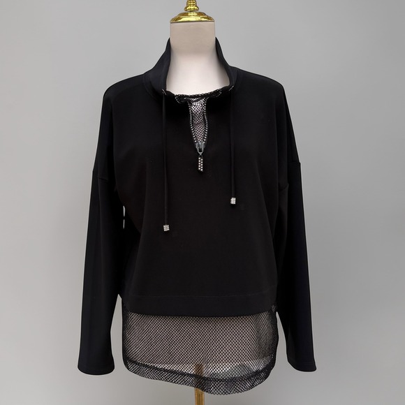 Joseph Ribkoff Tops - Joseph Ribkoff Mesh Insert‎ Shirt Hem Rhinestone 1/4 Zip Black Mock Neck Grunge